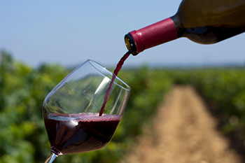 Red wine being poured into a glass against a vineyard background