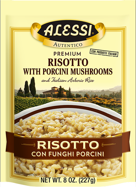 a package of Alessi brand Risotto with Porcini Mushrooms, a packaged side dish
