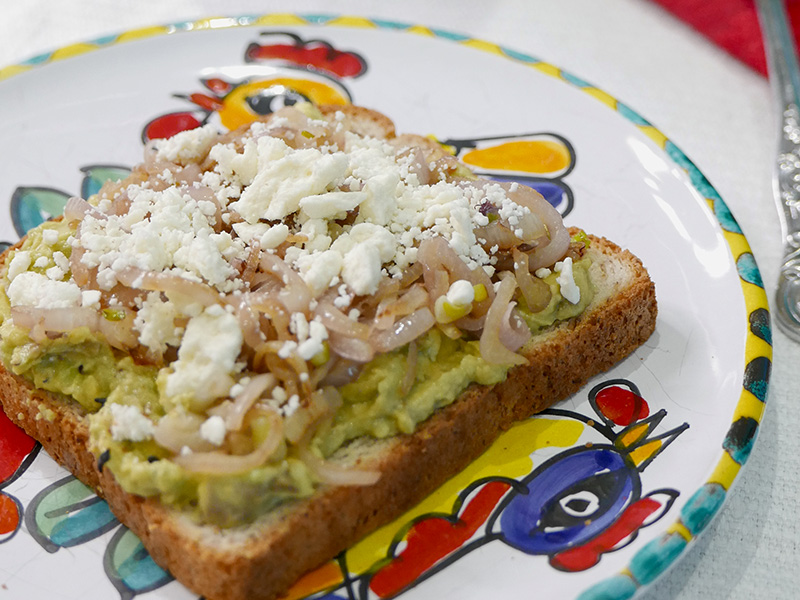 Avocado Toast with Caramelized Shallot and Feta from Dr. Gourmet