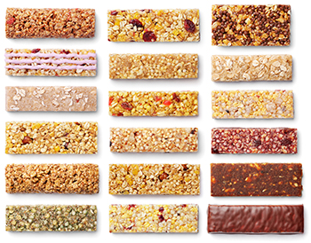 18 varieties of granola or cereal bars, seen from above