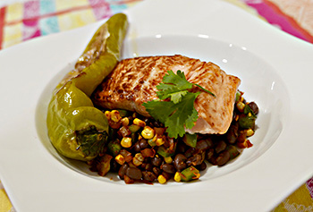 Easy, healthy recipe for Salmon with Roasted Hatch Chilis, Corn, and Black Beans, from Dr. Gourmet