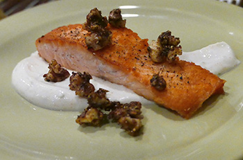 Salmon with Candied Jerk Walnuts recipe from Dr. Gourmet