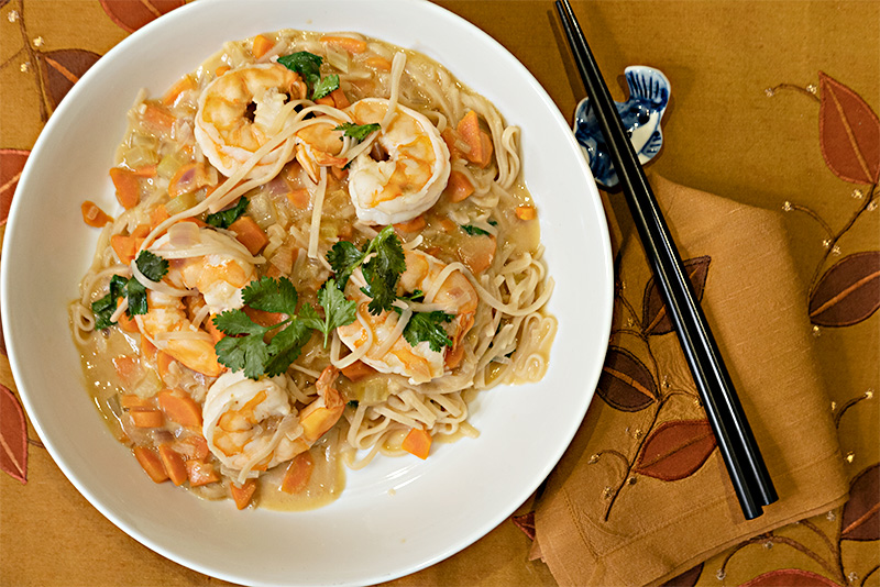 Shrimp with Rice Noodles and Peanut Sauce recipe from Dr. Gourmet