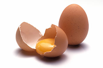 A brown egg, broken open and showing the whole yolk