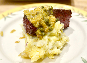 Caper Mustard Sauce on hanger steak, a healthy sauce recipe from Dr. Gourmet
