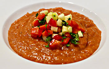 An easy, healthy recipe for a Caramelized Gazpacho soup from Dr. Gourmet