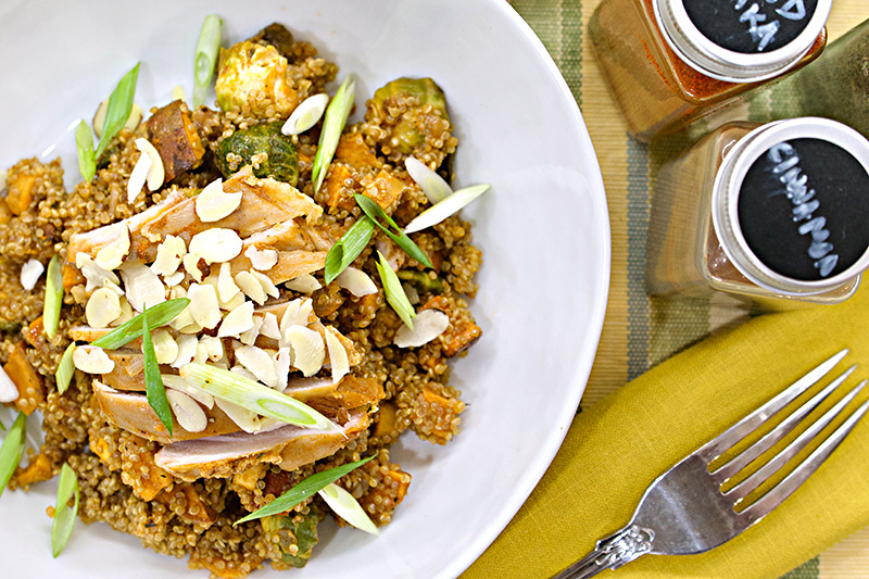 Roasted Fall Vegetable Quinoa with Braised Chicken Thighs recipe