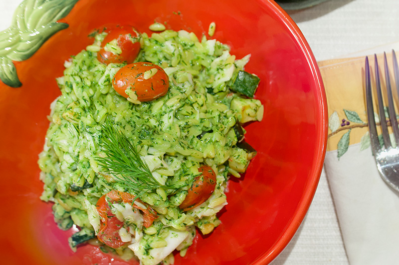 Orzo with Dill Pesto and Halibut recipe from Dr. Gourmet