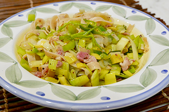 Linguine with Leek and Pancetta recipe from Dr. Gourmet, a 30-minute meal