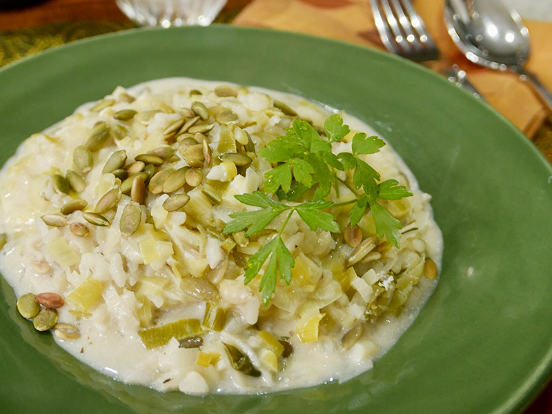 Leek Risotto with Toasted Pumpkin Seeds recipe from Dr. Gourmet
