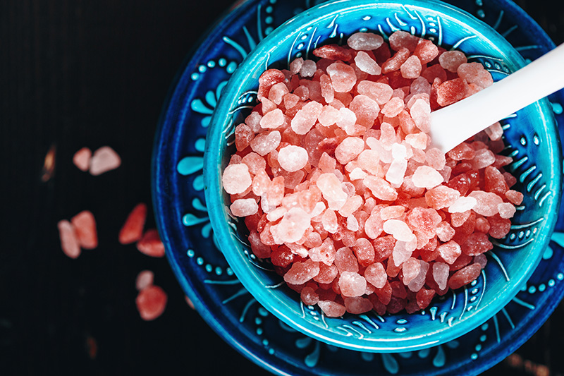 pink Himalayan salt crystals in a bowl
