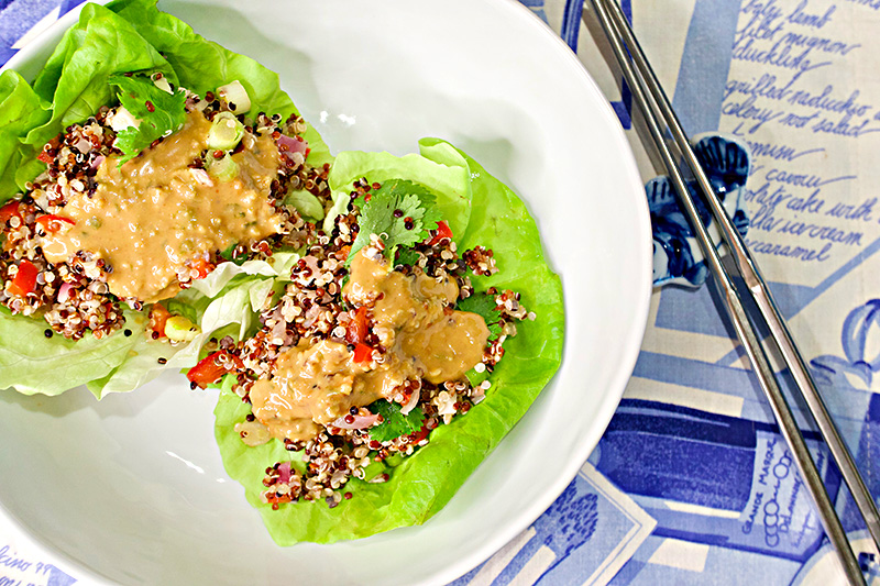 Quinoa Lettuce Wraps with Spicy Asian Peanut Sauce - recipes from Dr. Gourmet