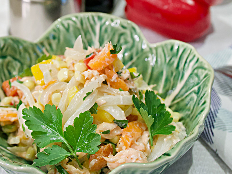 Creamy Corn and Salmon Salad recipe from Dr. Gourmet