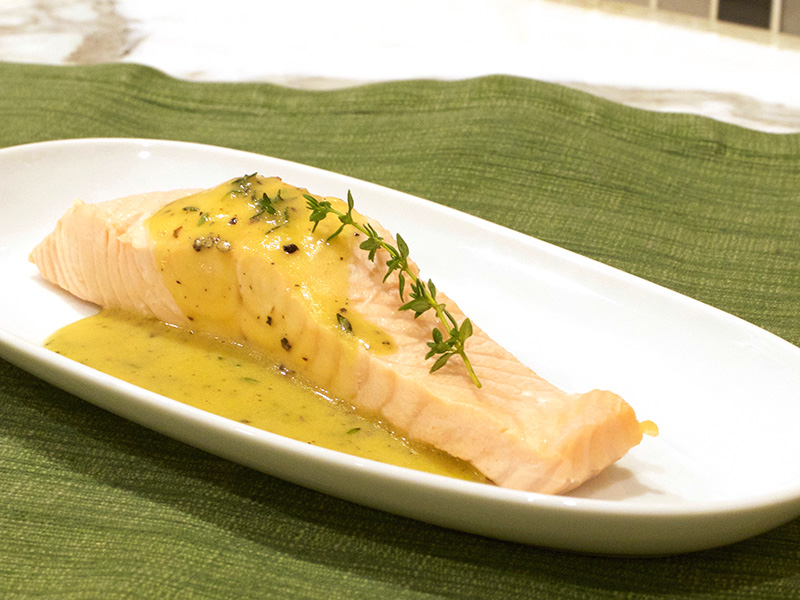 Poached Salmon with Mustard Thyme Vinaigrette recipe from Dr. Gourmet