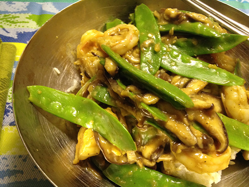 Shrimp with Snow Peas and Mushrooms recipe from Dr. Gourmet