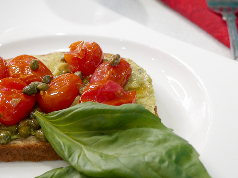 Avocado Toast with Grilled Tomatoes and Capers from Dr. Gourmet