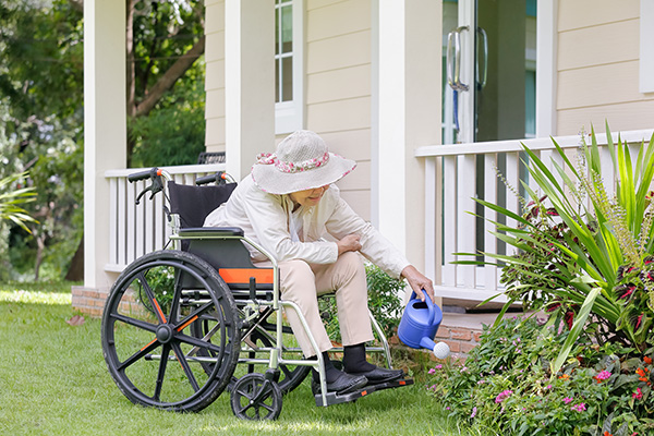 an elderly person in a wheelchair outdoors watering plants with a watering can