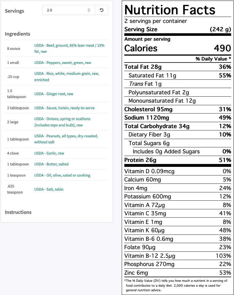 The nutrition facts for the Kung Pao Beef from EveryPlate, as cooked at home with the salt added as directed