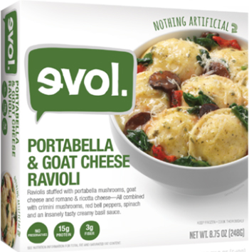 Dr. Gourmet reviews the Portabella & Goat Cheese Ravioli single-serving meal from evol Foods