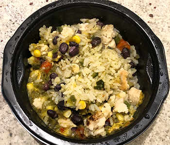 The Southwestern Style Chicken Burrito Bowl from Green Chile Food Company, after microwaving