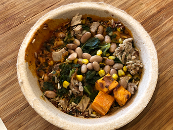the Sweet & Zesty BBQ Seasoned Pork Power Bowl from Healthy Choice, just out of the microwave
