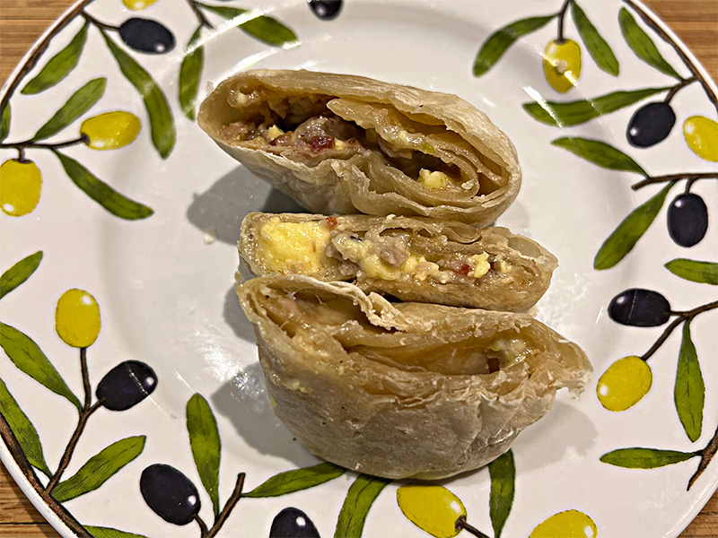 Meat Lovers Sausage & Egg Burrito from Red's All Natural, after cooking