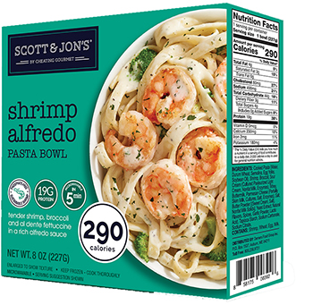 the Dr. Gourmet tasting panel reviews the Shrimp Alfredo Pasta Bowl from Scott & Jon's